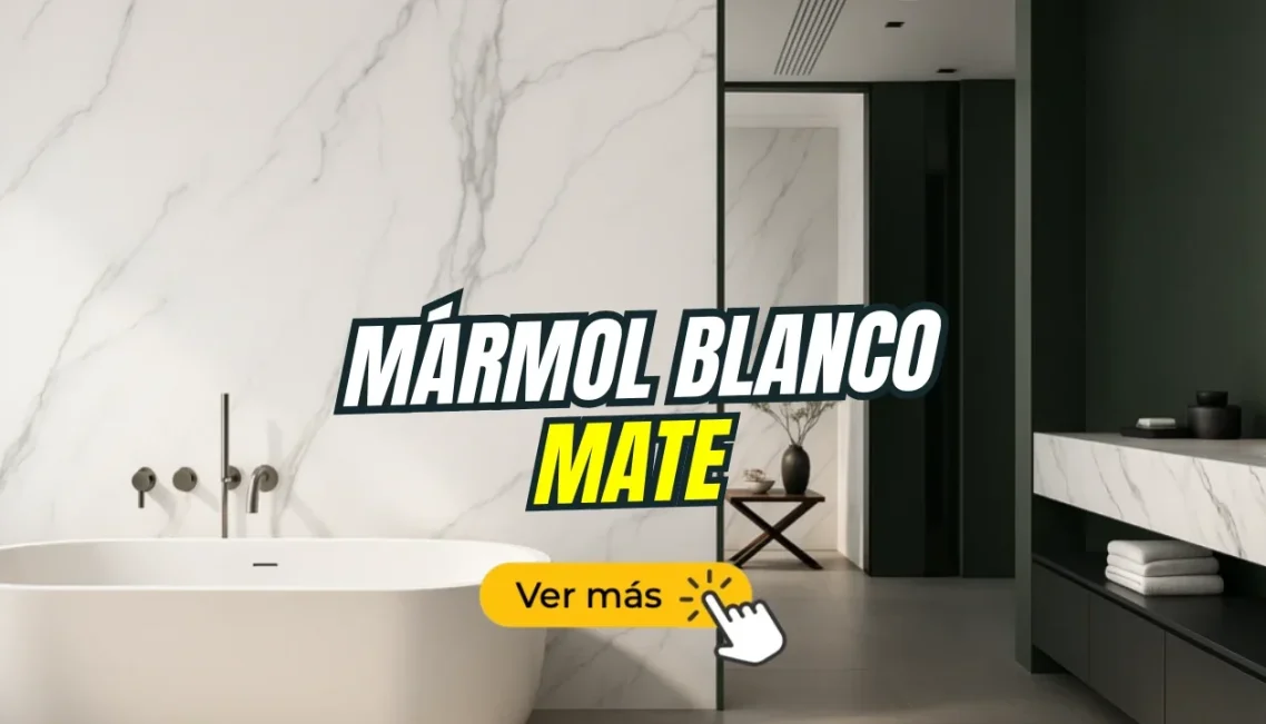 Baño moderno con bañera, paredes de mármol blanco y detalles en negro.
