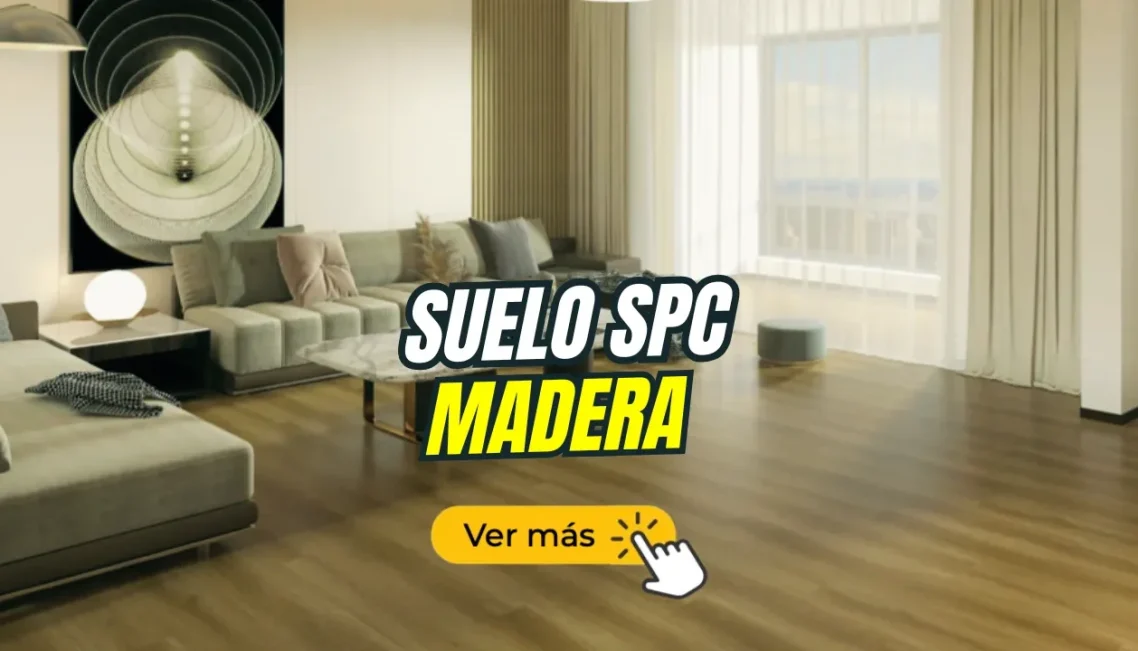 Interior moderno con suelo de madera marrón y sofá, texto promocional destacado.