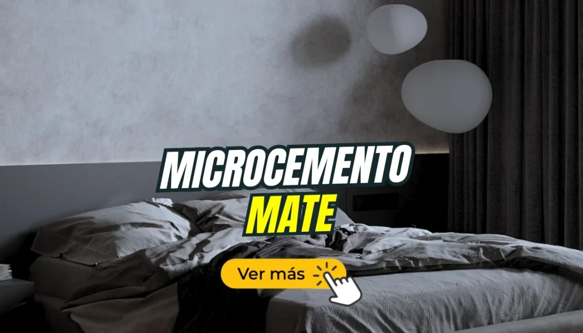 Texto en un fondo gris que dice "Microcemento oscuro mate" con un botón "Ver más".