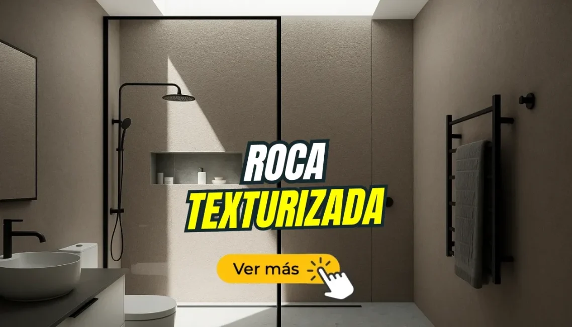Baño moderno con roca marrón texturizada en las paredes y accesorios elegantes.