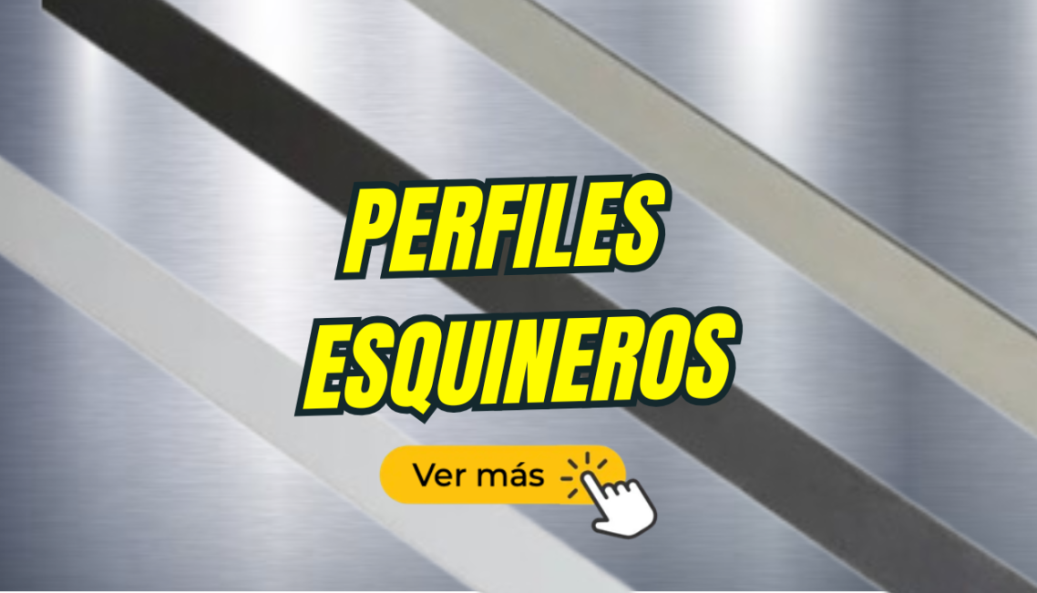 Perfil esquinero de placas decorativas Perfil esquinero en metal con un fondo de textura plateada y un botón para más información.