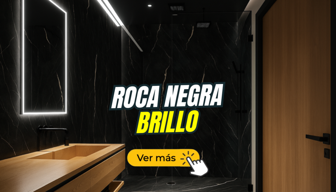 Interior moderno con paredes de roca negra brillante y un botón "Ver más".