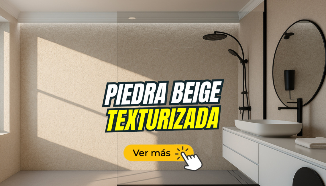 Baño moderno con piedra beige texturizada y lavabo contemporáneo.
