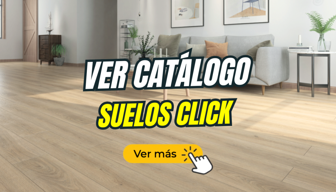 Suelo de madera clara con texto promocional sobre suelos click.