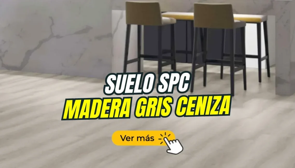 Suelo de madera gris ceniza con mesa y sillas de diseño moderno.