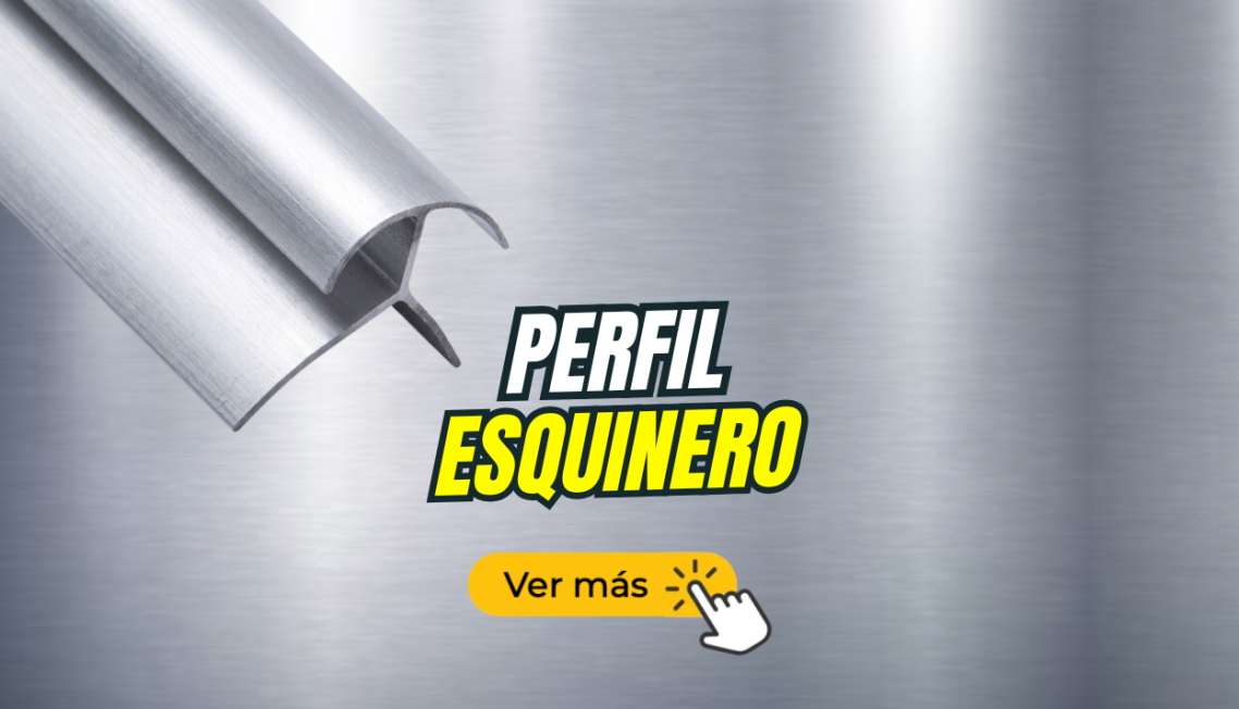 Perfil esquinero en metal con un fondo de textura plateada y un botón para más información.