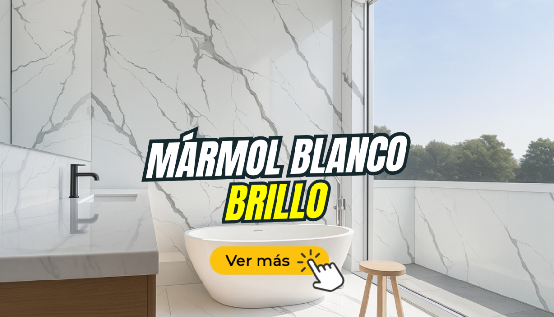Baño moderno con lavabo de mármol blanco brillante y una ventana grande.