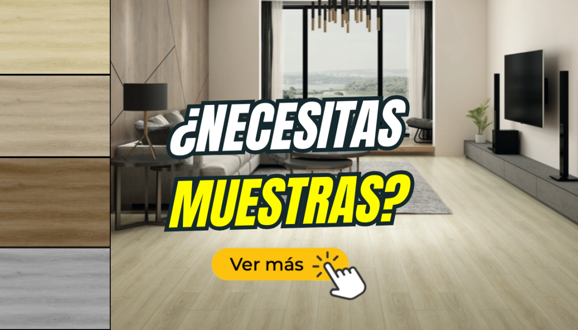 Interior de sala moderna con muestras de pisos y texto promocional.