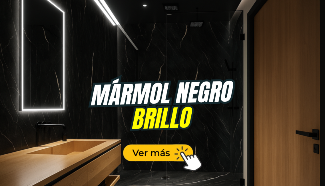 Interior moderno con paredes de roca negra brillante y un botón "Ver más".