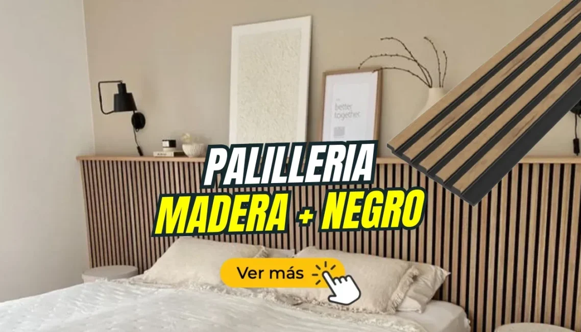 Habitación moderna con cama y cabecera de madera negra. Texto promocional sobre palillería.
