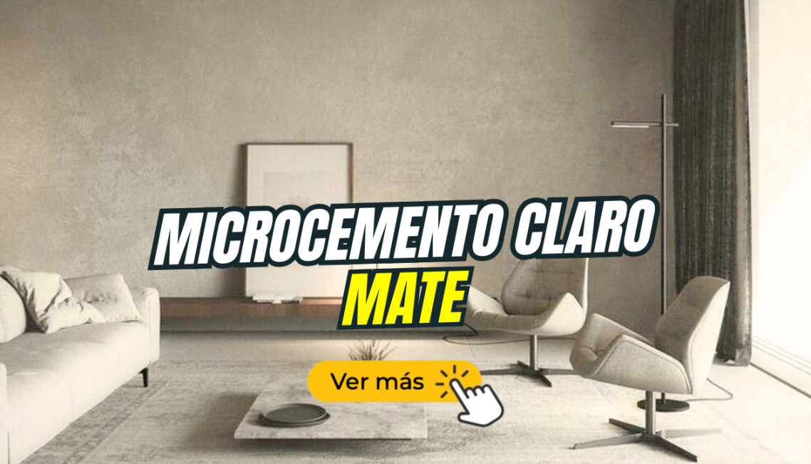 Interior moderno con mesa, sillas, y decoración en microcemento claro mate.