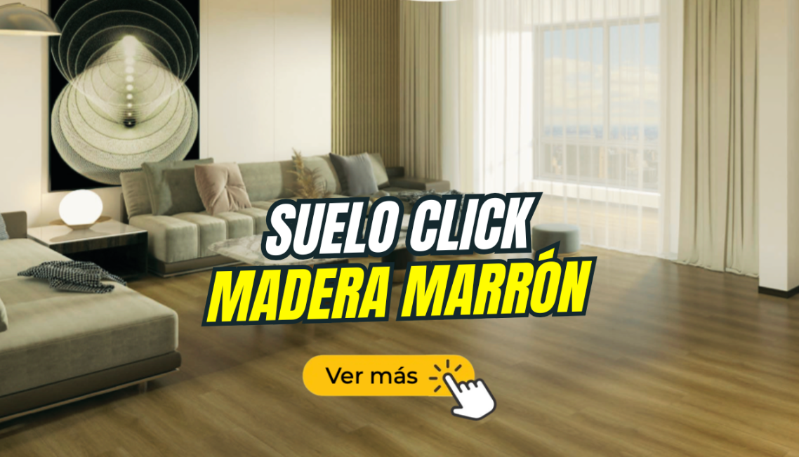 Interior moderno con suelo de madera marrón y sofá, texto promocional destacado.