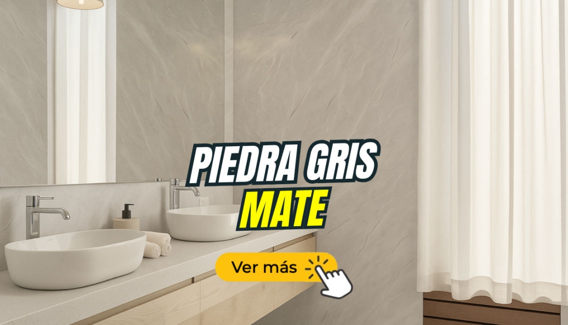 Baño moderno con paredes de piedra gris mate y accesorios minimalistas.