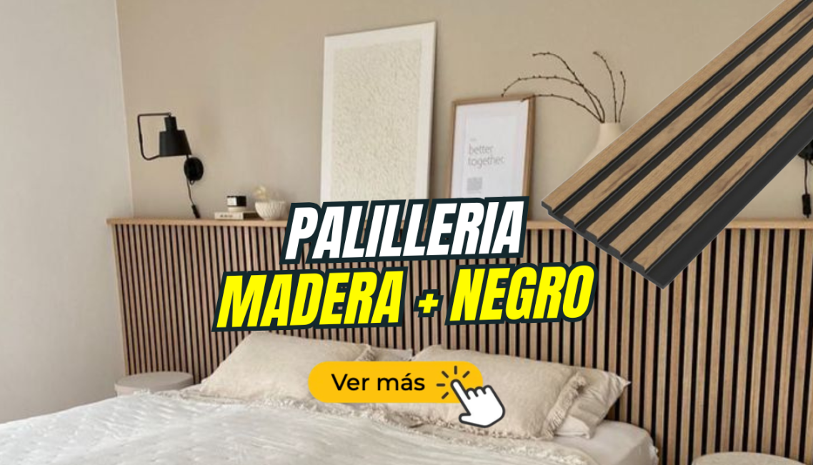 Habitación moderna con cama y cabecera de madera negra. Texto promocional sobre palillería.