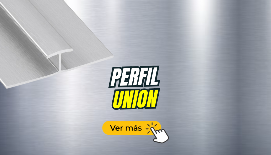 Fondo metálico con un perfil de unión y texto que invita a ver más.
