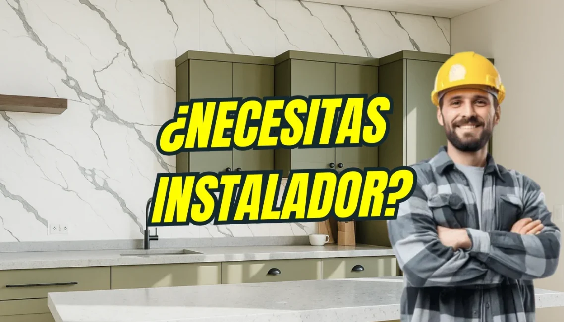 Cocina moderna con placas decorativas de mármol blanco y instalador de placas decorativas