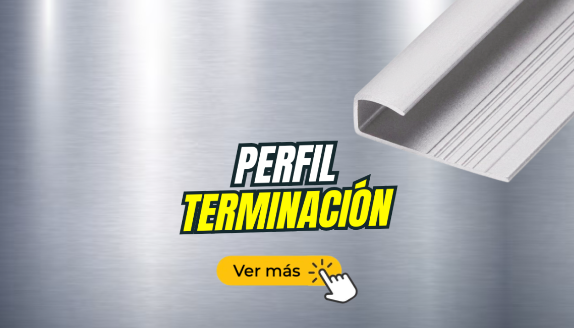 Perfil de terminación en un fondo de metal. Texto destacando "Ver más".
