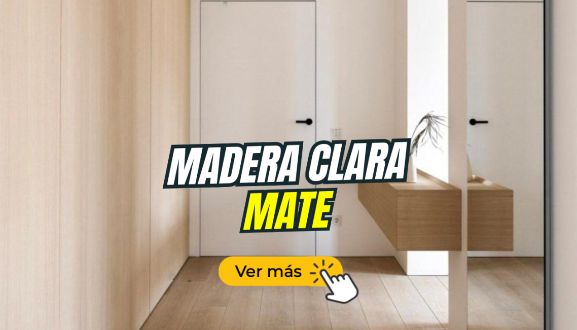 Texto promocional sobre madera clara mate en un ambiente interior.