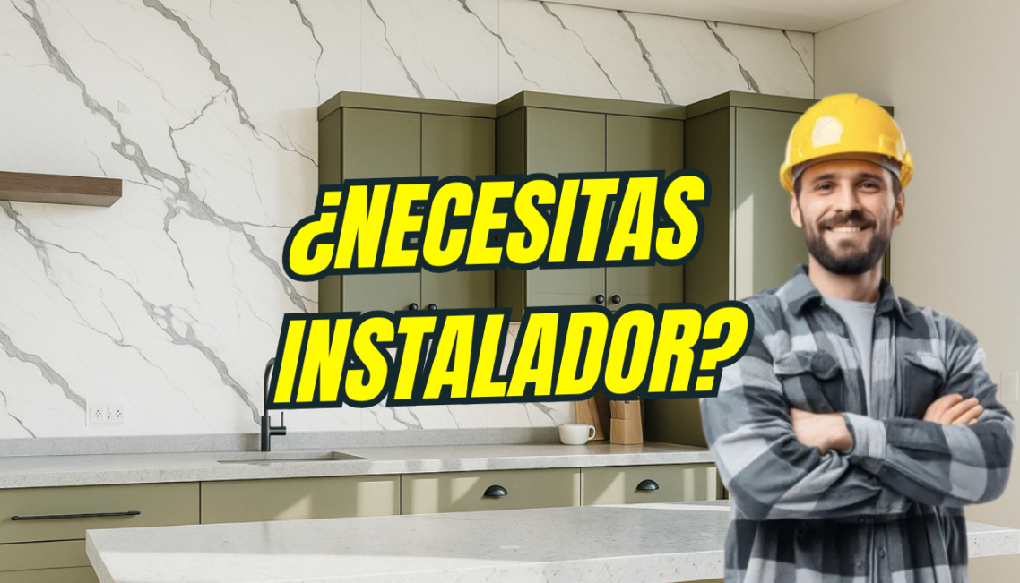 Hombre con casco instalando placas decorativas de mármol en una pared. Texto: "¿Necesitas instalador?"