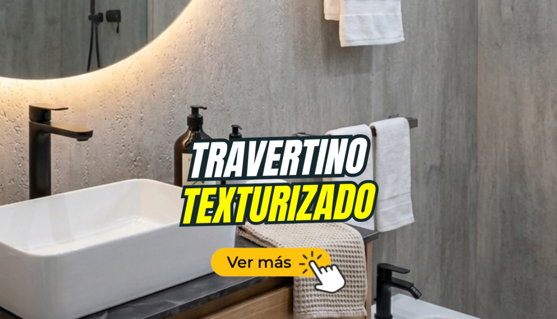 Baño moderno con lavabo de cerámica y grifería negra, decorado con travertino texturizado.