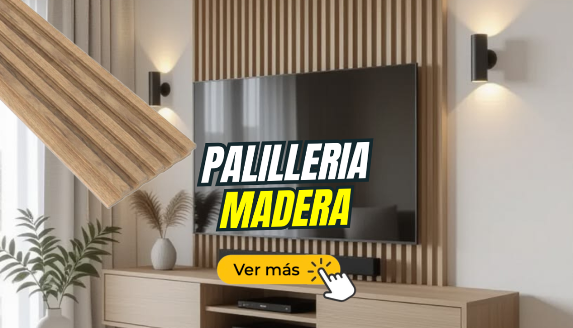 Sala de estar moderna con televisor, iluminación y muebles de madera. Texto sobre palillería.
