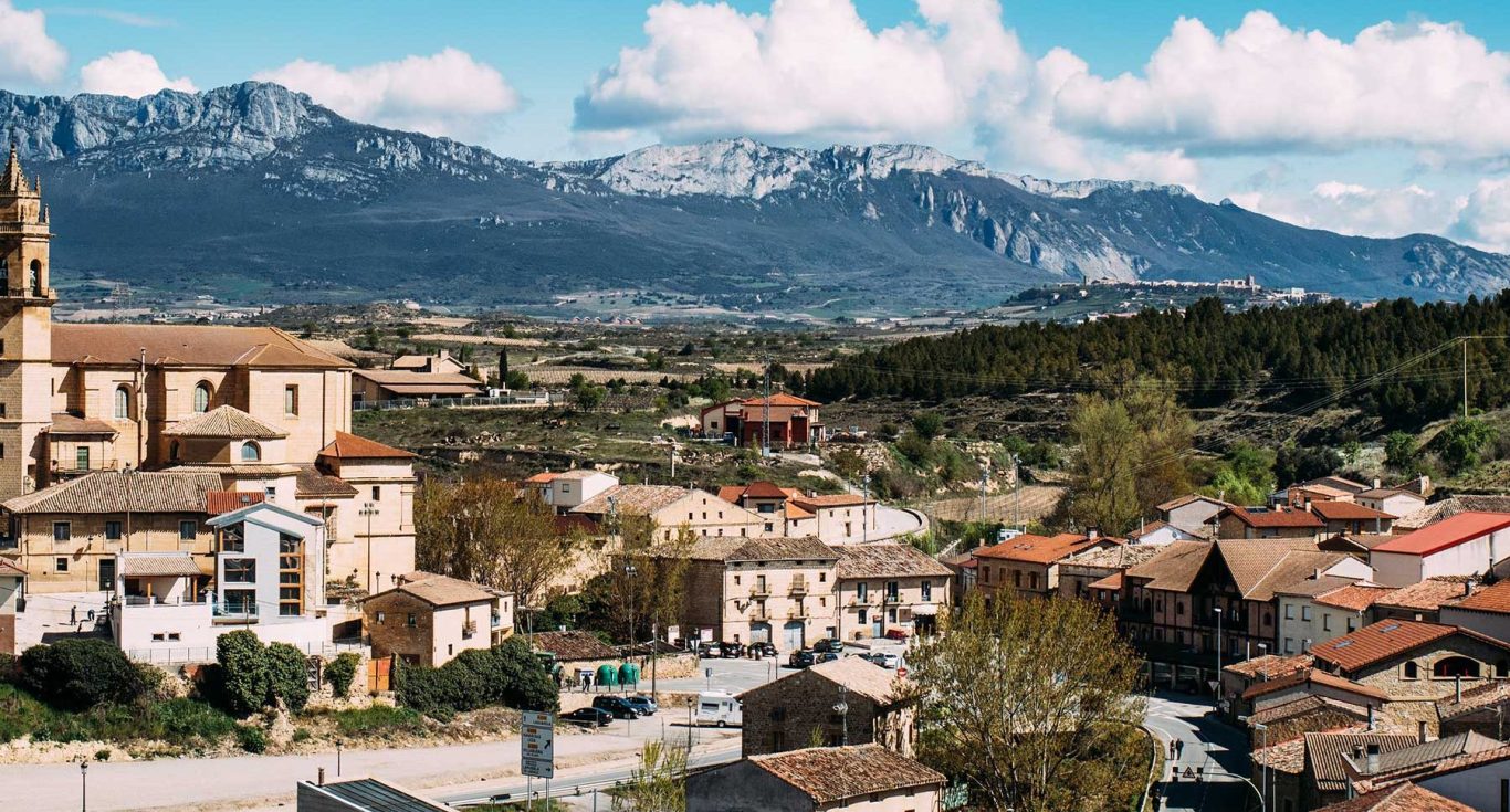Vista panorámica de un pueblo con montañas al fondo y casas de estilo rural en ÁLAVA